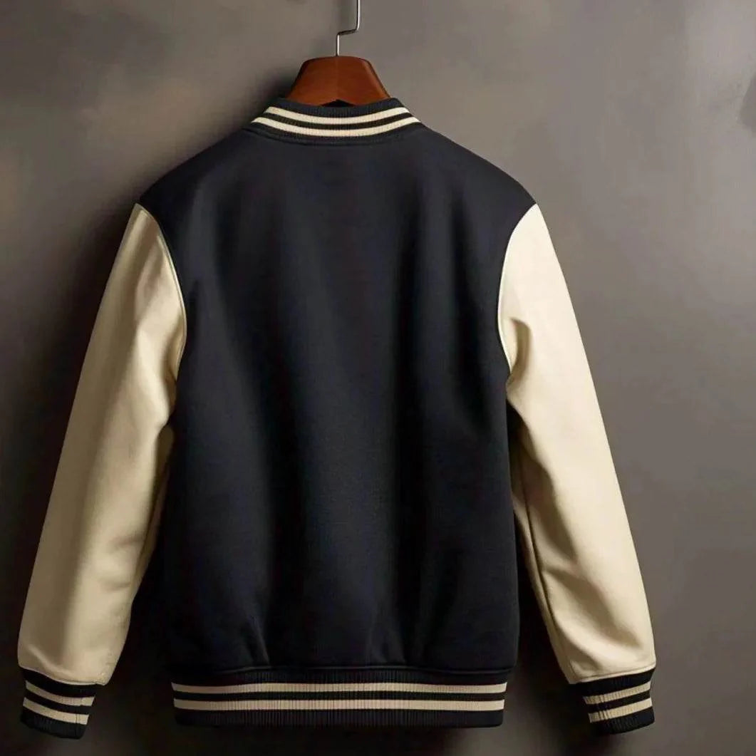 Back of Black and Cream Letterman Varsity Jacket