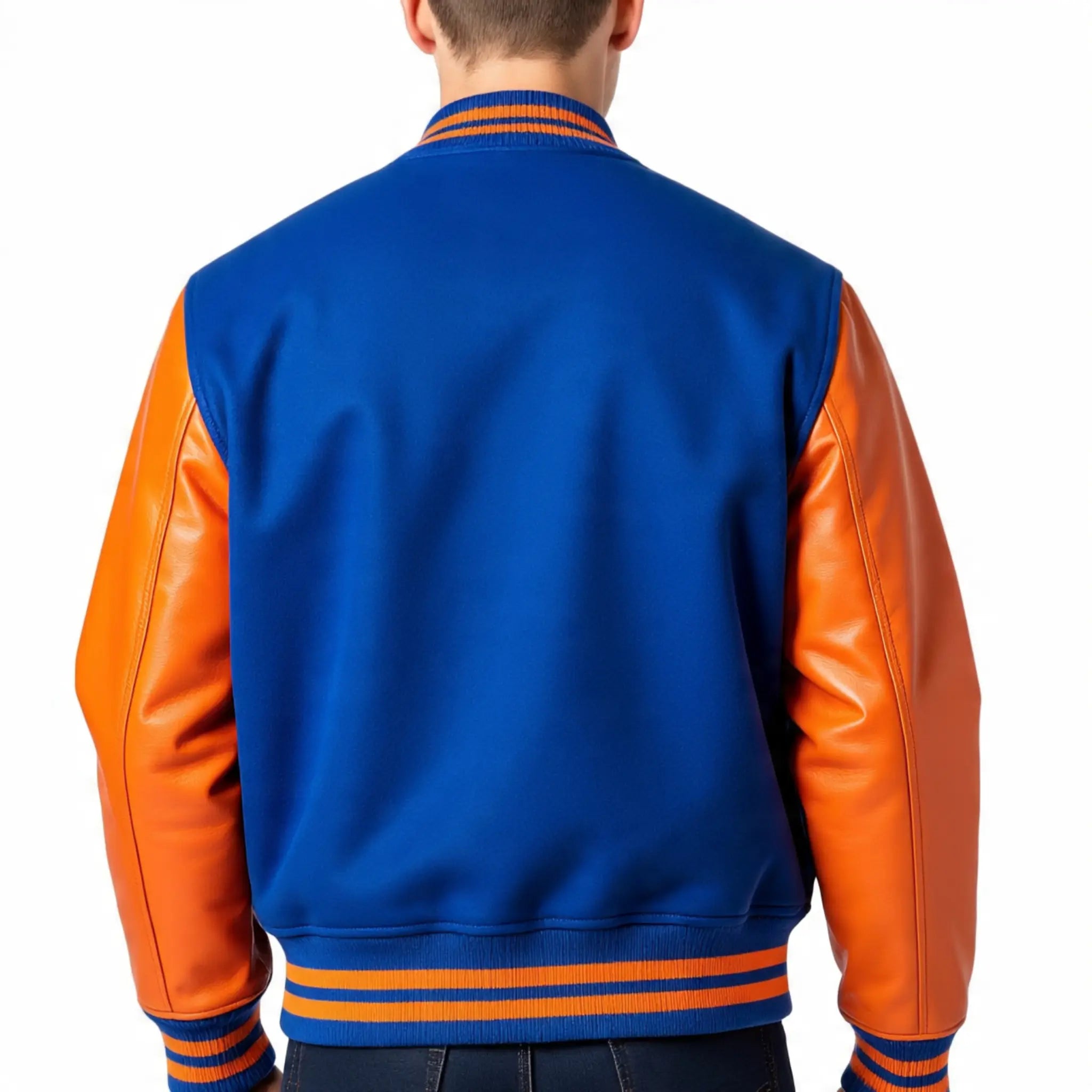 Blue and orange varsity jacket on a white background