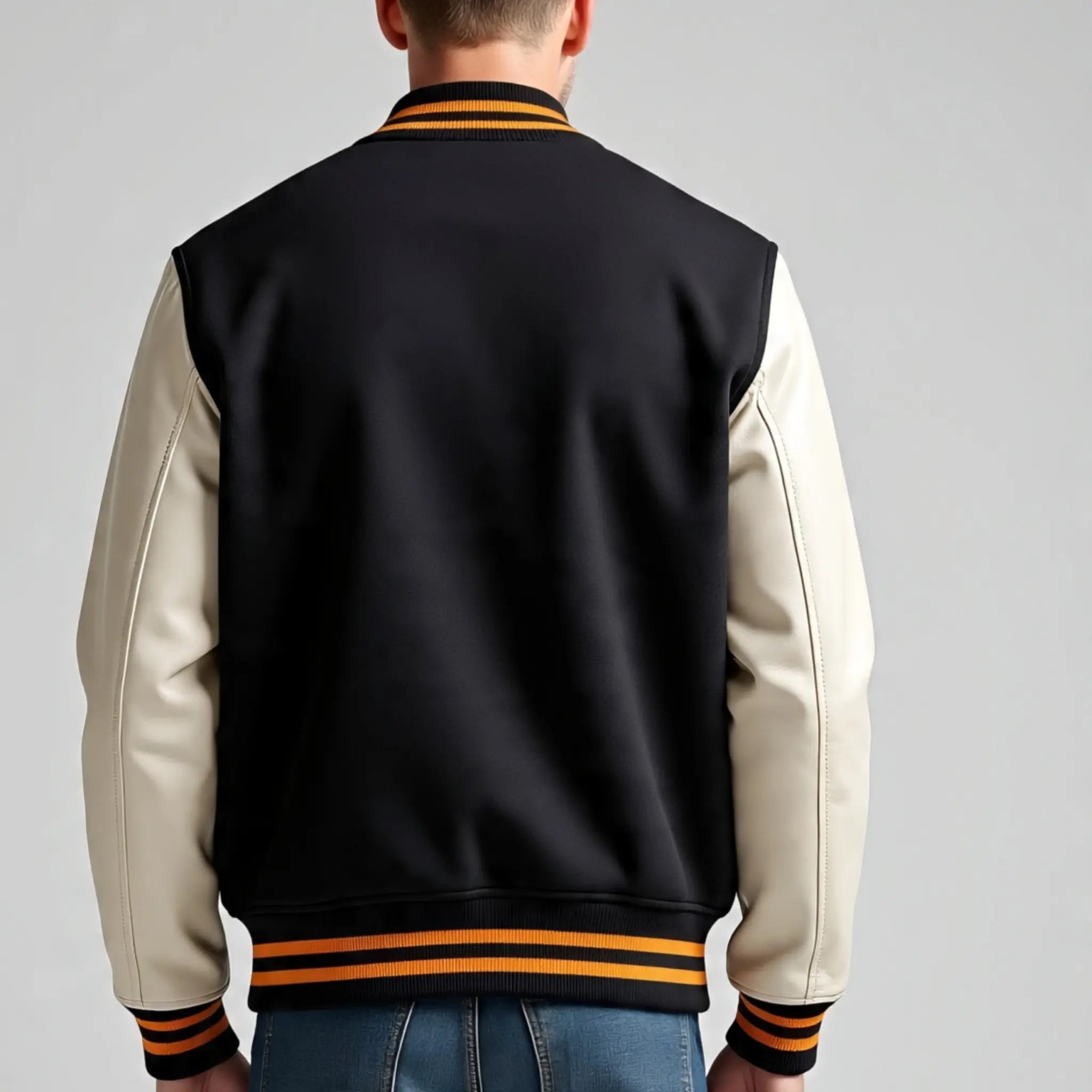Black and beige varsity jacket with orange stripes on a gray background