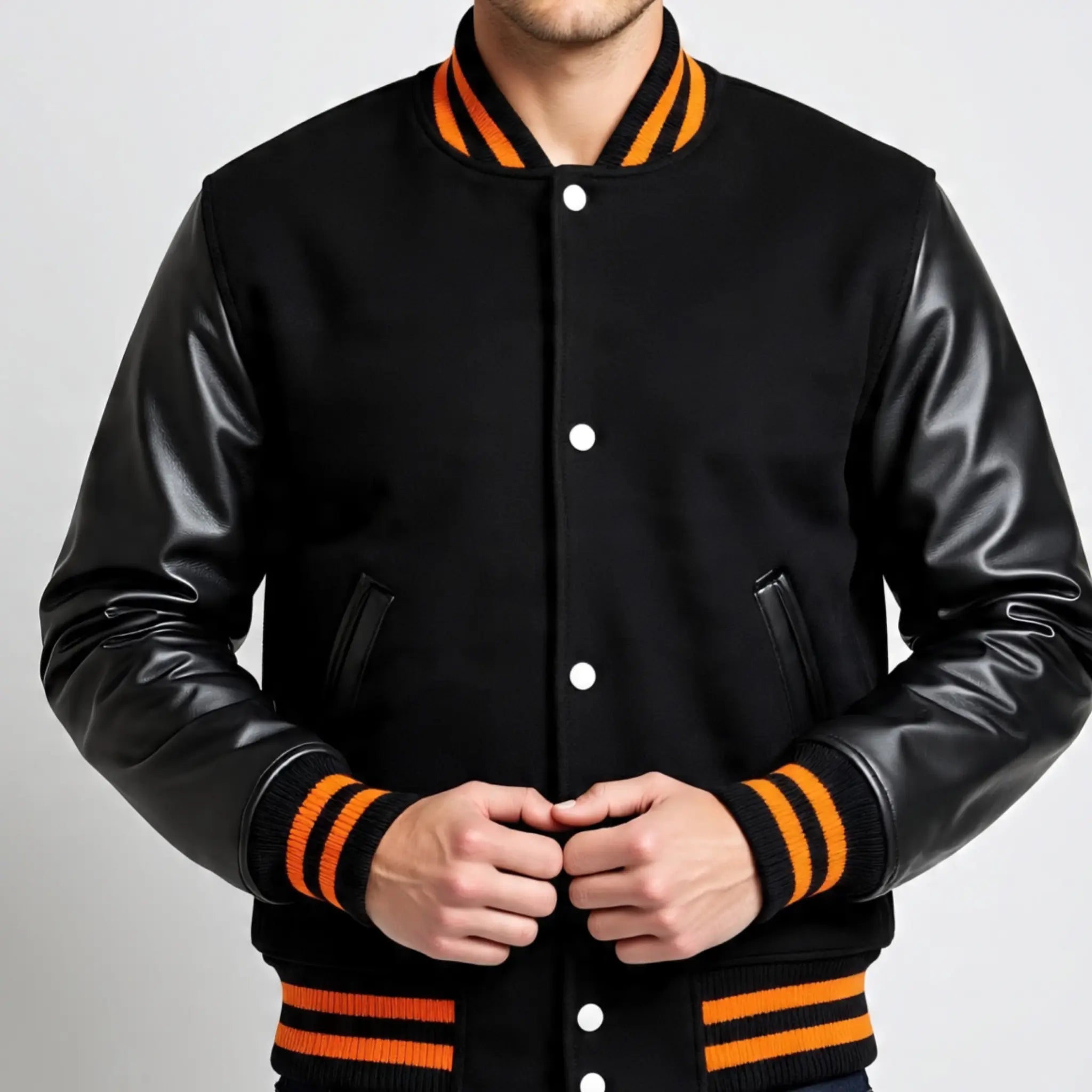 Black Varsity Letterman Jacket with Orange Stripes | Premium Wool and Leather