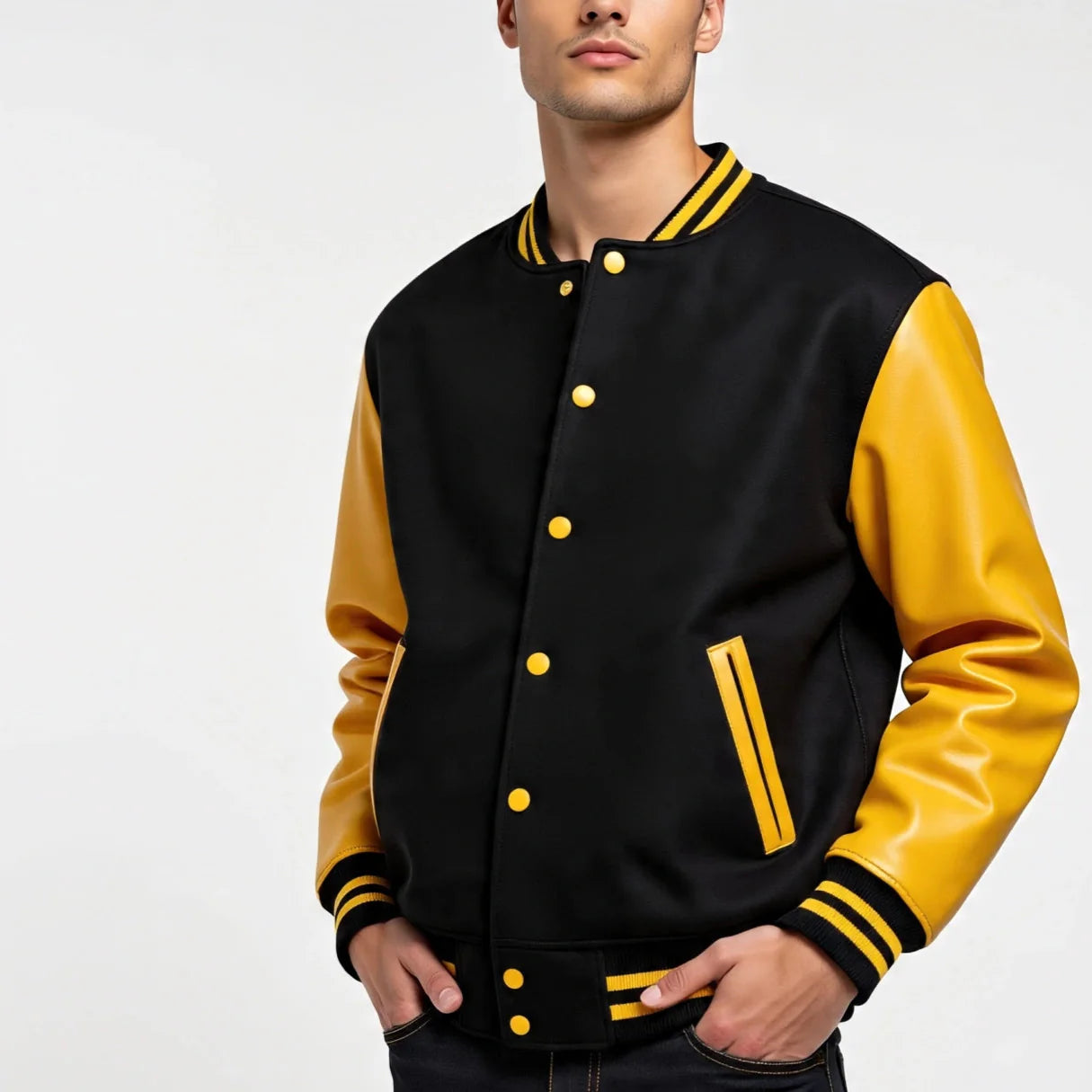 Black and yellow varsity jacket worn by a person on a white background