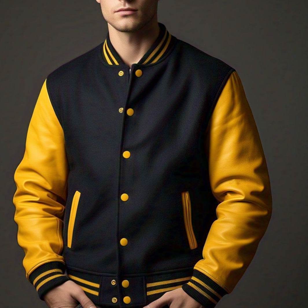 Black and Gold Varsity Letterman Jacket – Premium Wool & Leather - Leathers Wear