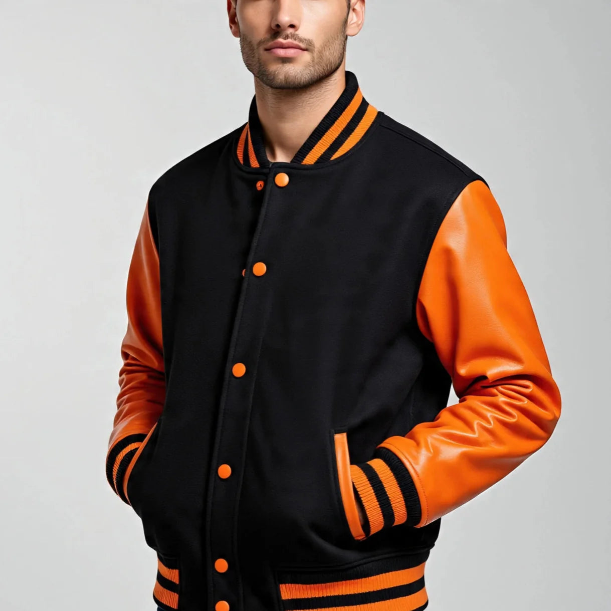 Black and orange varsity jacket with leather sleeves on a gray background