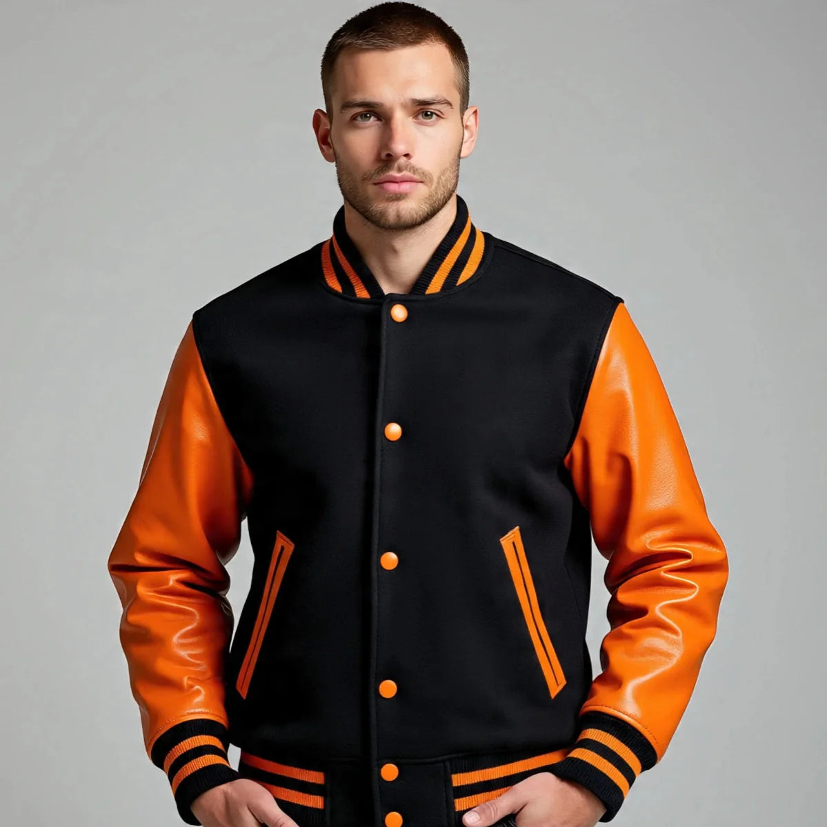 Man wearing a black and orange varsity jacket on a gray background