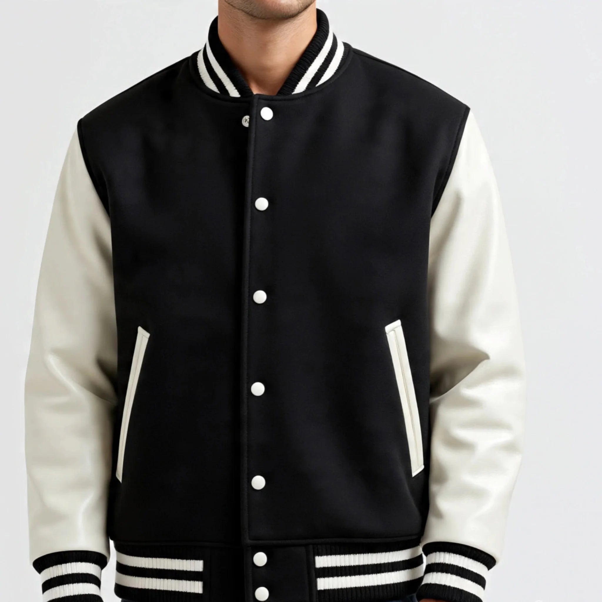 Black and white varsity jacket on a plain background