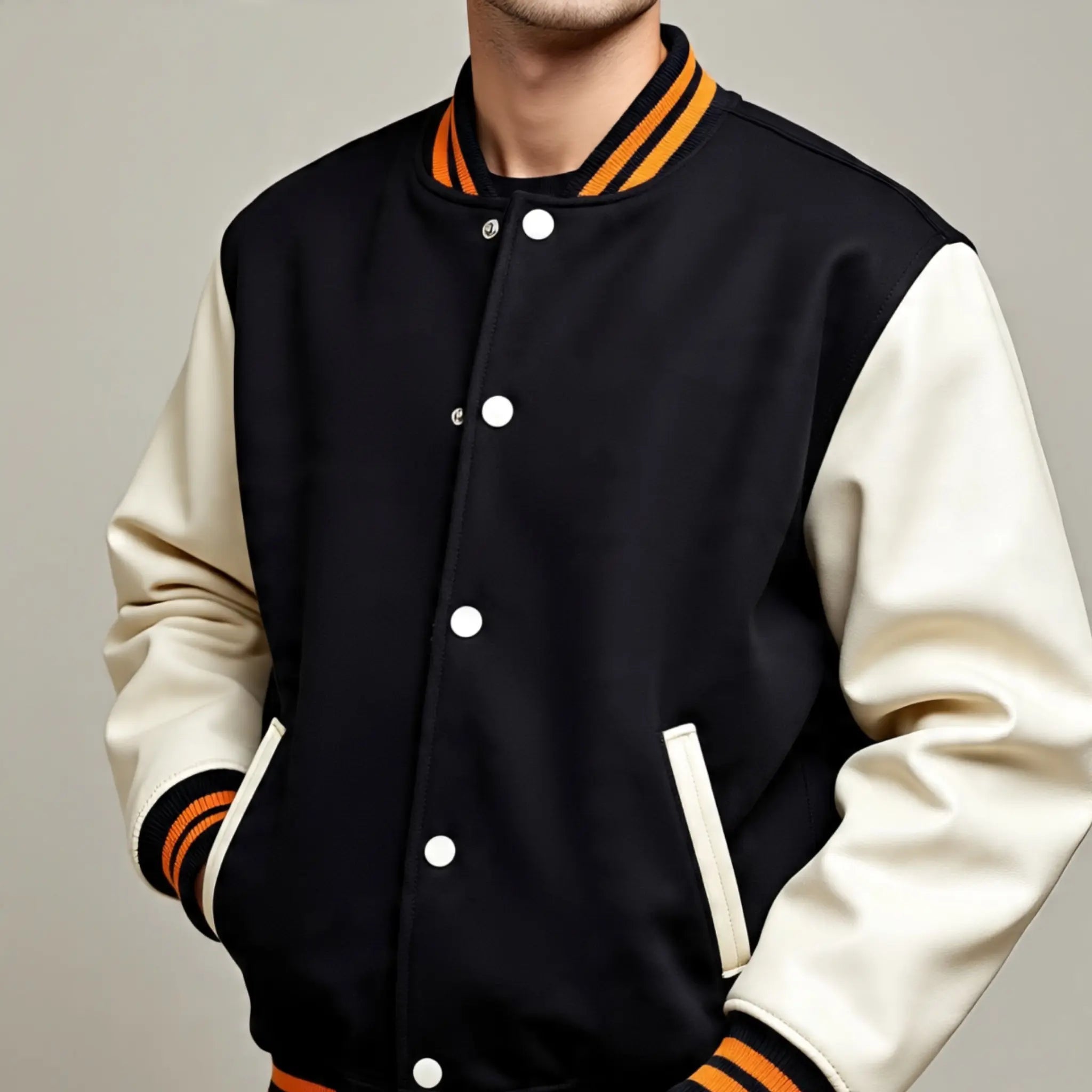 Black and white varsity jacket with orange accents on a neutral background