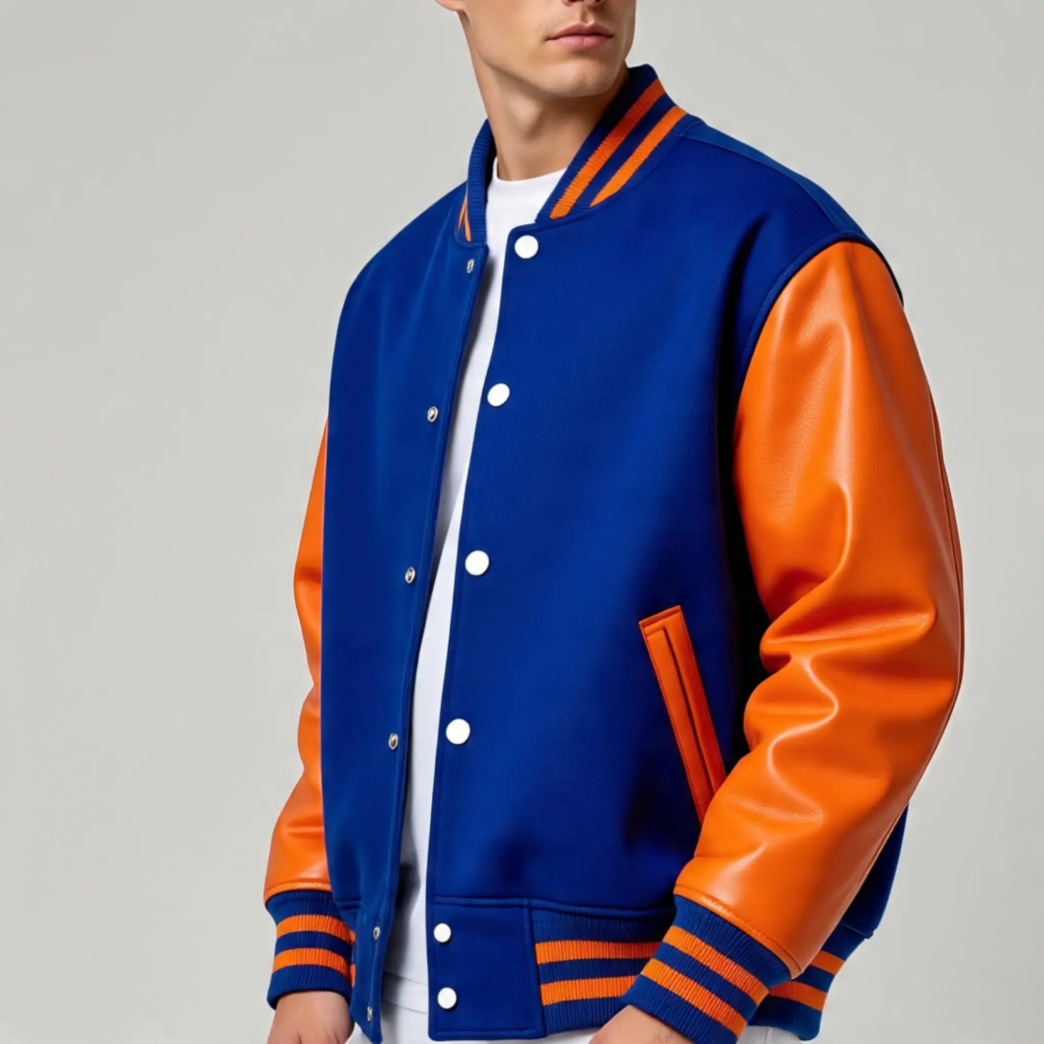 Blue and orange varsity jacket worn by a person on a gray background