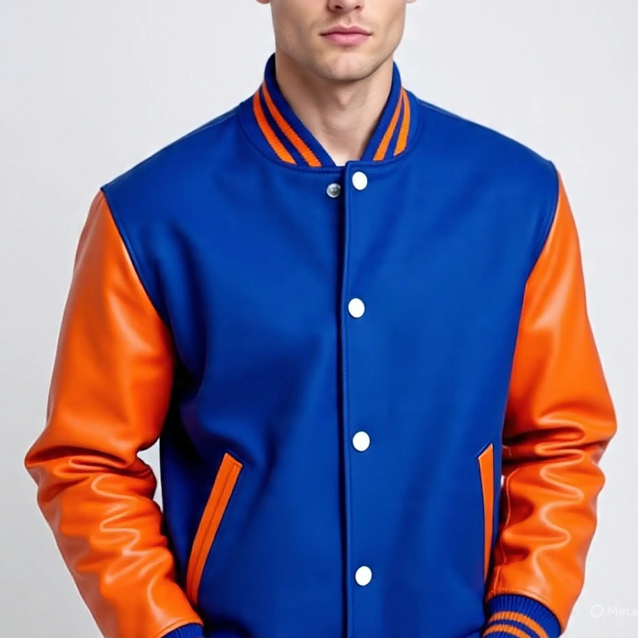 Blue and orange varsity jacket worn by a person on a light gray background