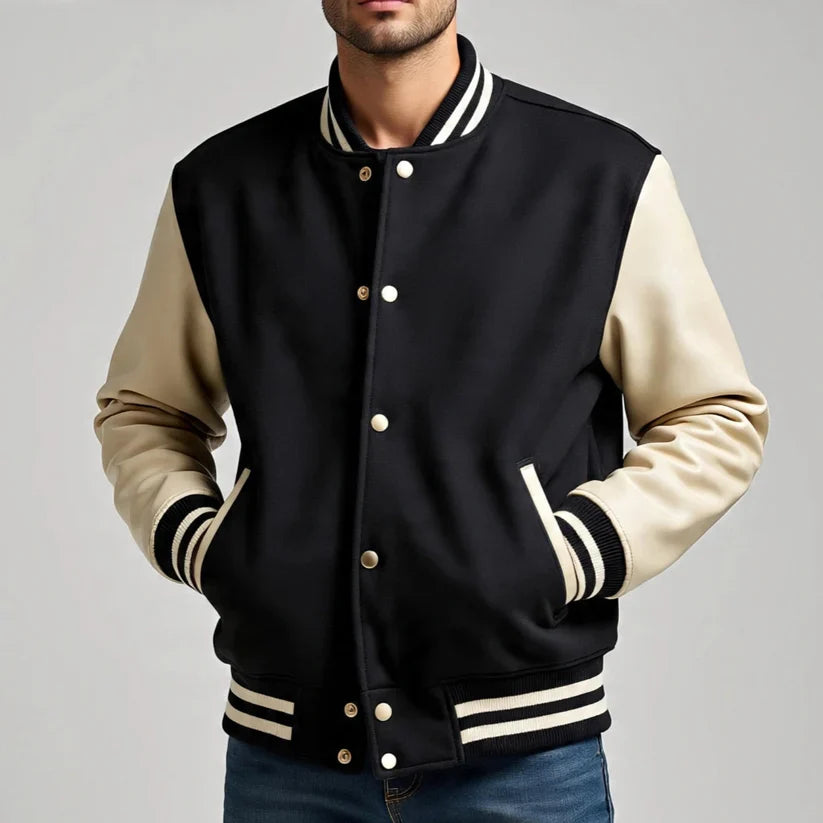 Male Model of Black and Cream Letterman Varsity Jacket
