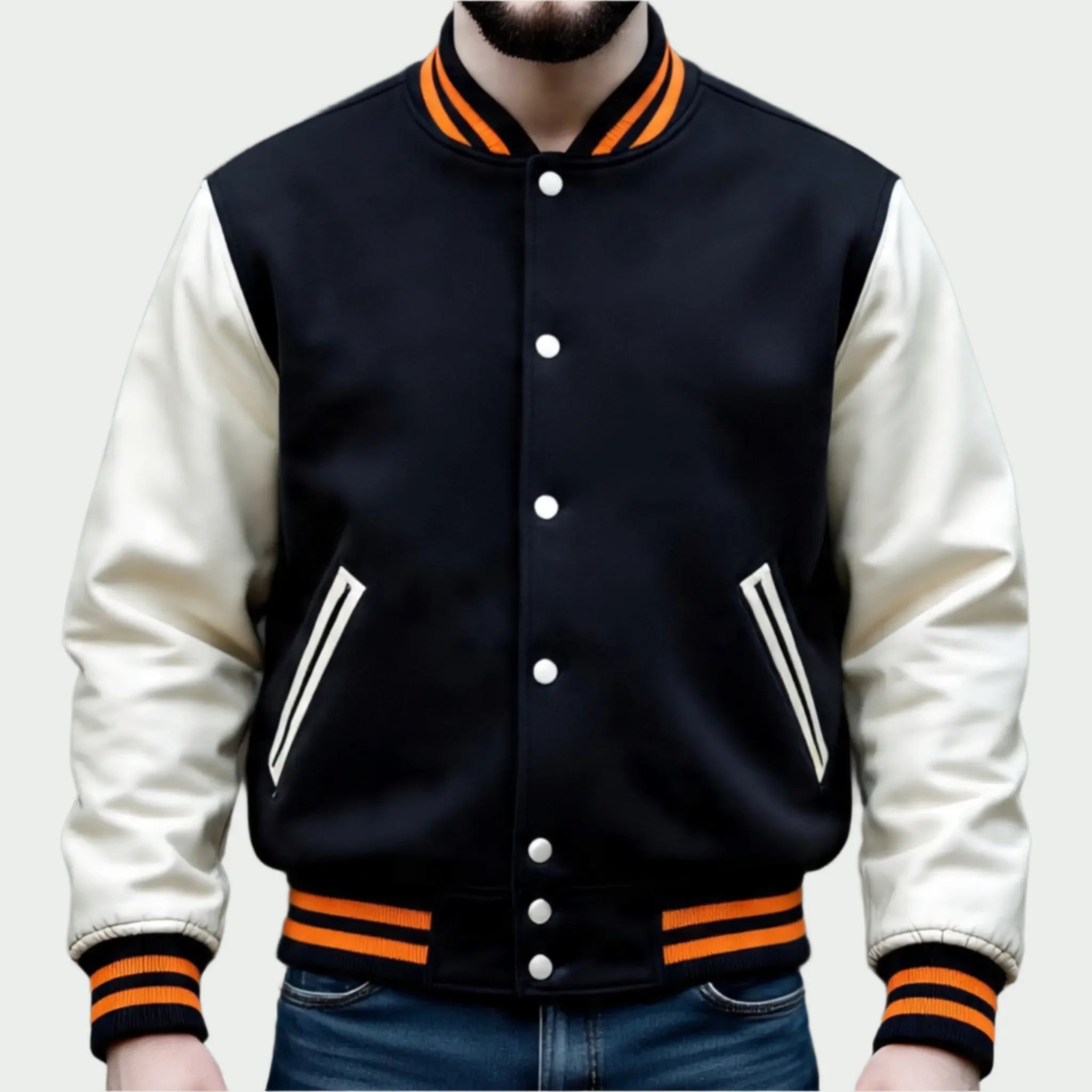 Black and white varsity jacket with orange accents on a light
background