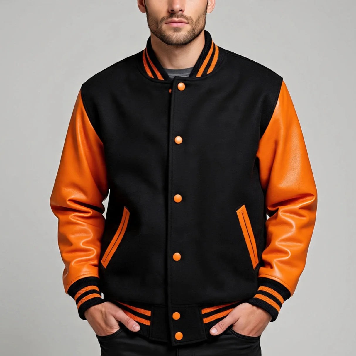 Black and orange varsity jacket worn by a person on a gray background