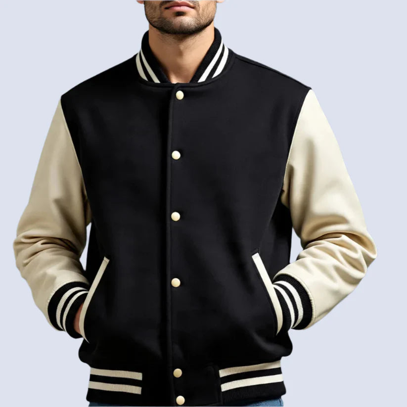 Male Model of Black and Cream Letterman Varsity Jacket