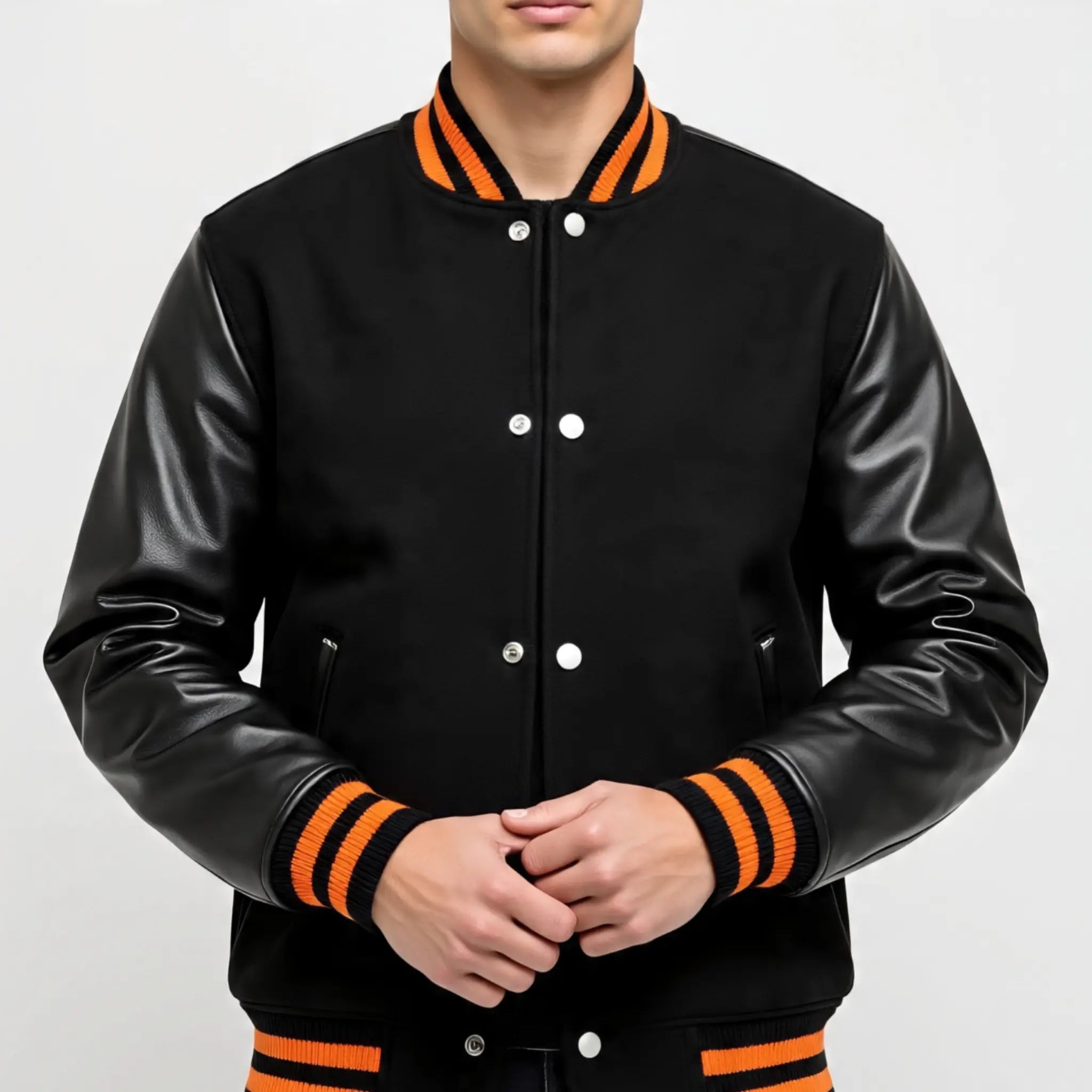 Black Varsity Letterman Jacket with Orange Stripes | Premium Wool and Leather