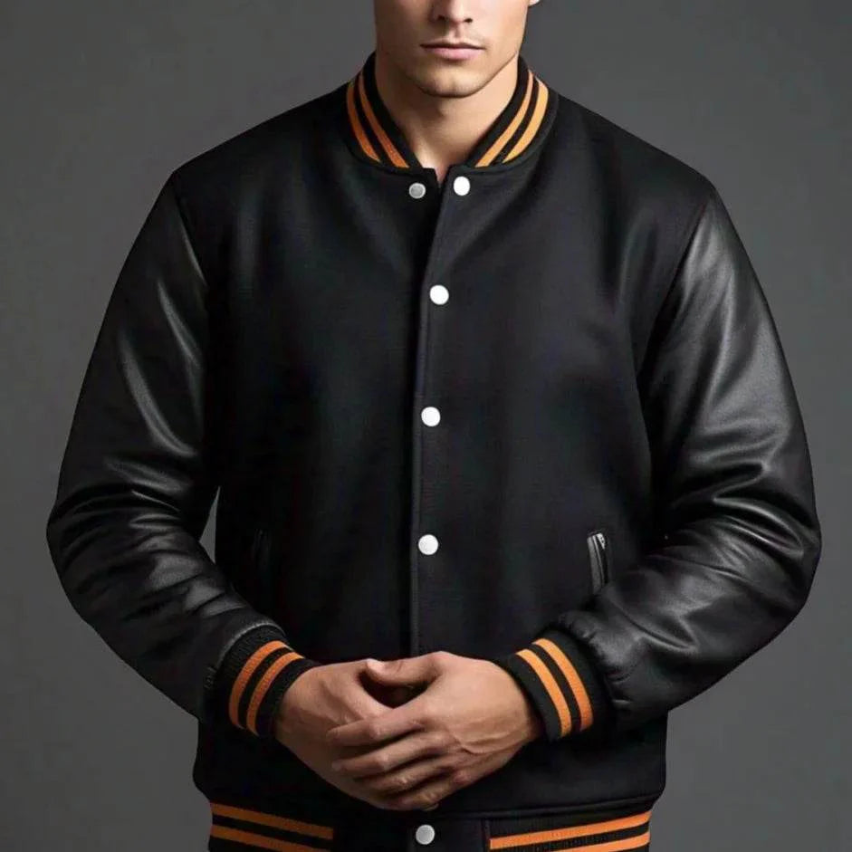 Black and Orange Unisex Letterman Jacket | Premium Wool and Leather - Leathers Wear